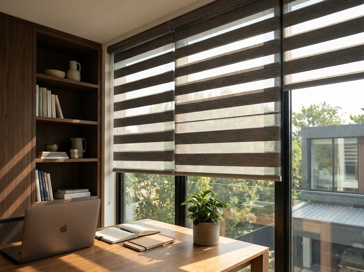 Day and night blind with alternating sheer and solid fabric bands fitted to a home office window, softly filtering midday light across a desk