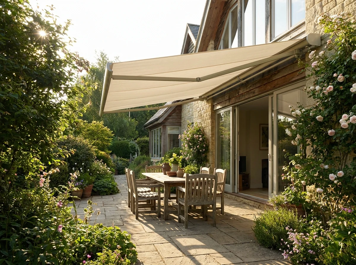 A folding-arm awning fully extended over an outdoor dining table and chairs, viewed from the garden looking back toward the house