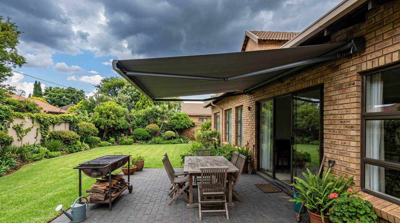 A folding-arm awning extended over a paved braai patio behind a Senderwood home, its flat fabric canopy on articulated arms, with a highveld thunderstorm building in the sky behind the garden