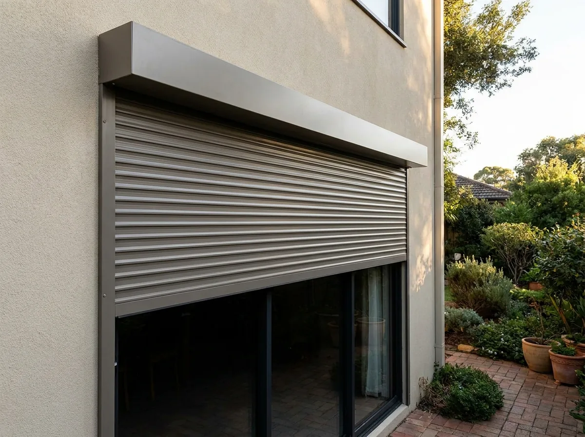An external aluminium roller shutter part-lowered on the outside of a west-facing sliding door, its rigid horizontal slats running down from a headbox in slim vertical side guides