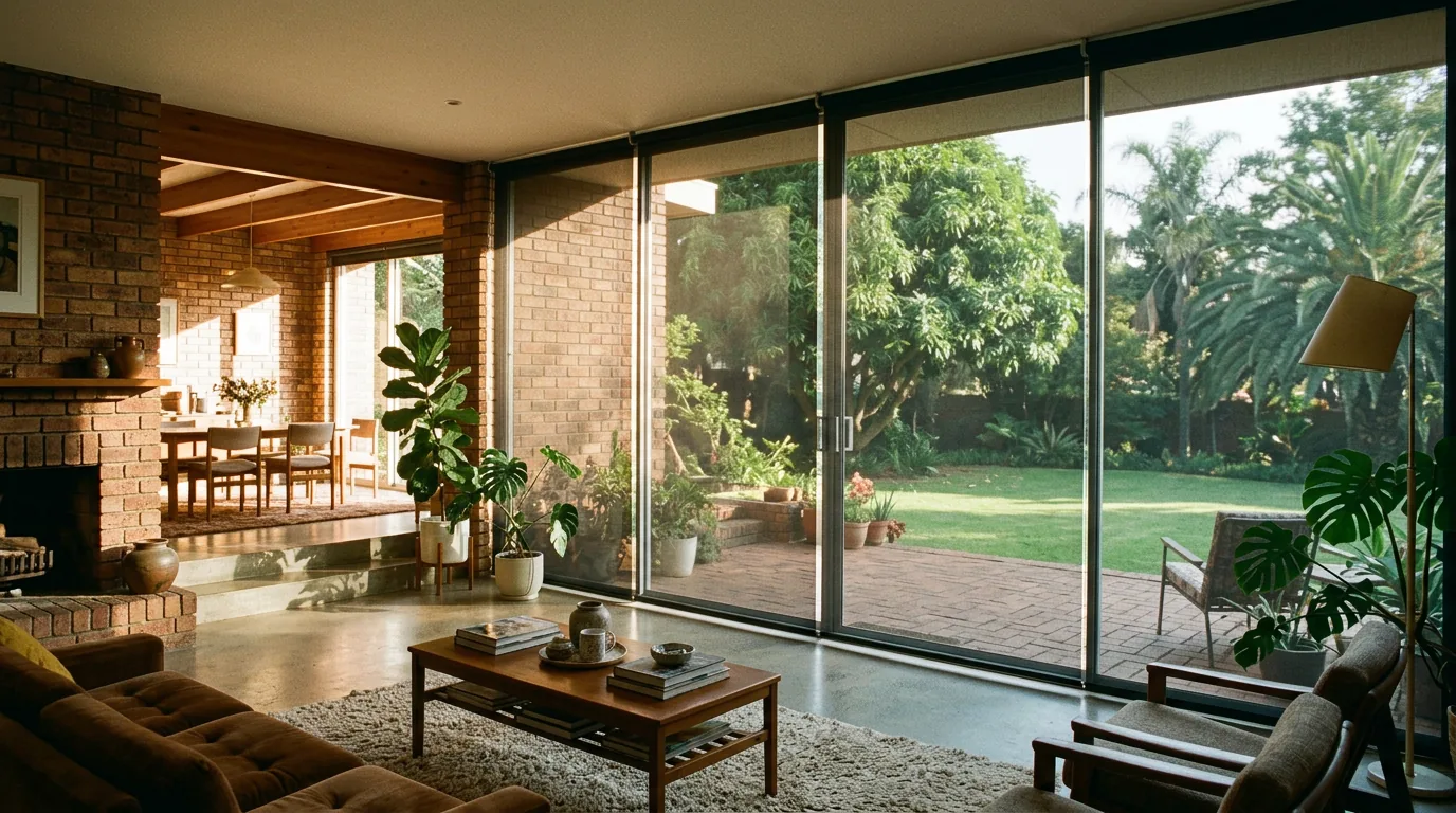 A single flat sheet of open-weave sunscreen roller blind fabric lowered over west-facing sliding doors in an open-plan Senderwood lounge, cutting the low afternoon glare while the garden stays visible through the weave