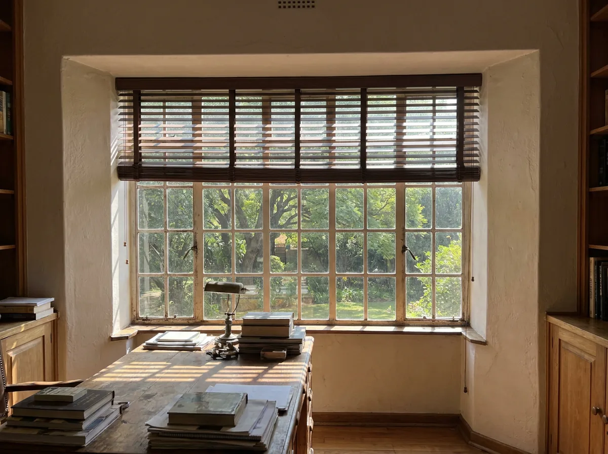 A timber venetian blind fitted inside the deep reveal of an original steel-framed casement window in a Senderwood study, its flat wooden slats tilted half open to throw bands of light across a desk