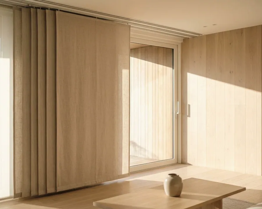 Wide fabric panel blinds sliding across a full-height glass door, covering the opening without folds