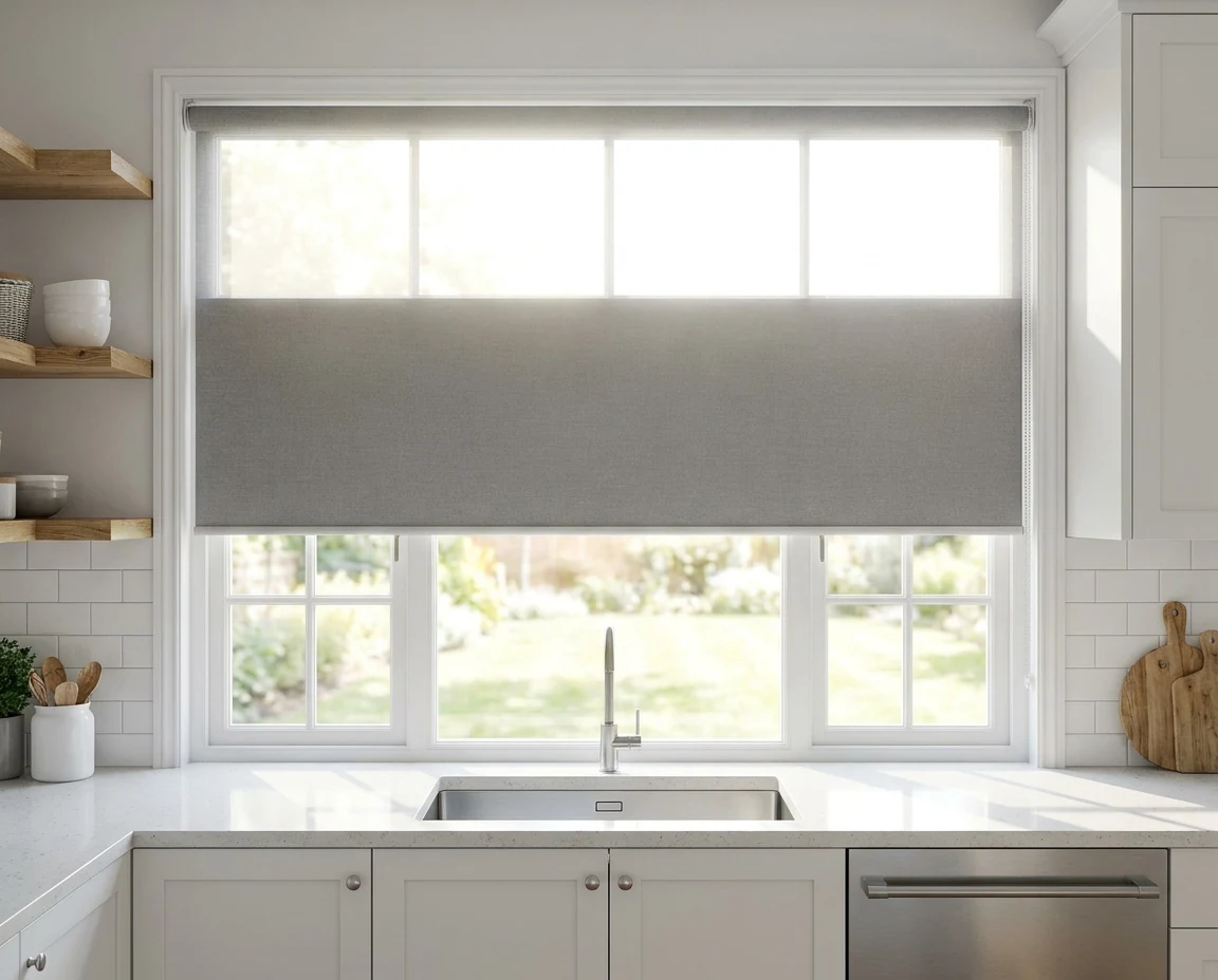 A blockout roller blind lowered halfway across a bright kitchen window above the sink, morning light diffusing through the top gap